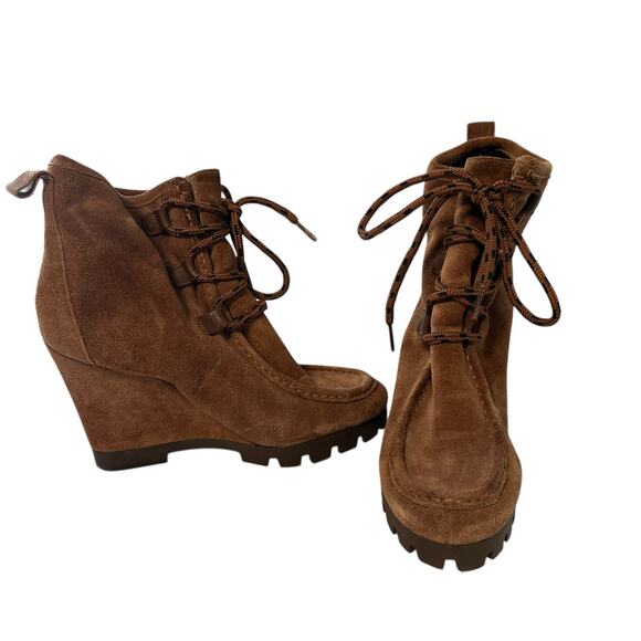 Nine West Chocolate Brown Suede Wedge High Heel Booties 8 Medium Boho Casual - Picture 6 of 8